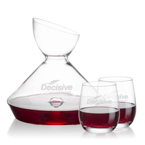 Corporate Recognition Gifts - Etched Barware - Woodbury Carafe & Salem Stemless Wine
