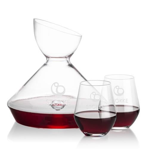 Corporate Recognition Gifts - Etched Barware - Woodbury Carafe & Reina Stemless Wine