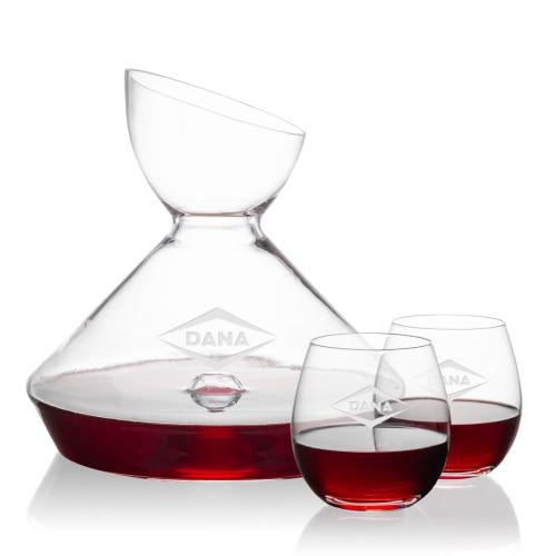 Corporate Recognition Gifts - Etched Barware - Woodbury Carafe & Redmond Stemless Wine