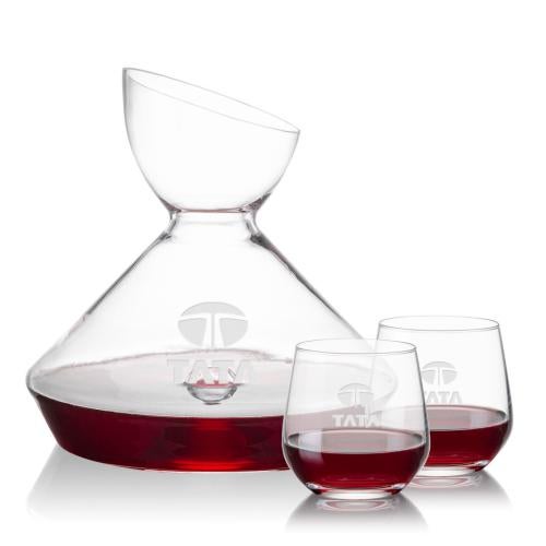 Corporate Recognition Gifts - Etched Barware - Woodbury Carafe & Garland Stemless Wine