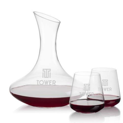 Corporate Recognition Gifts - Etched Barware - Hampton Carafe & Crestview Stemless Wine