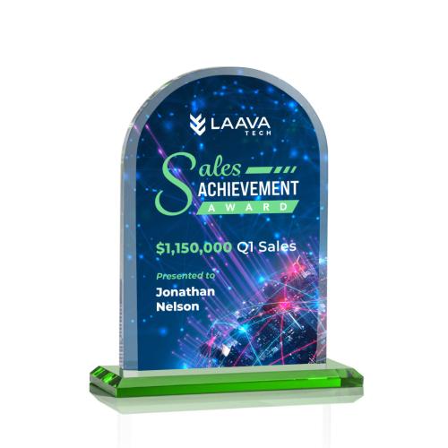 Corporate Awards - Glass Awards - Colored Glass Awards - Bridgeport Full Color Green Arch & Crescent Crystal Award