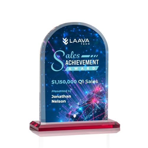 Corporate Awards - Crystal Awards - Colored Crystal - Red Crystal Awards - Bridgeport Full Color Red Arch & Crescent Crystal Award
