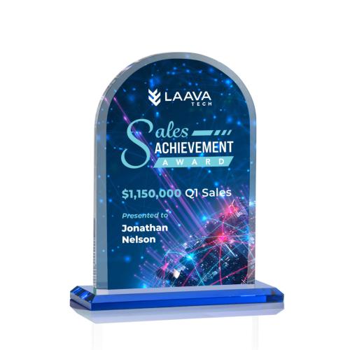 Corporate Awards - Full Color Awards - Bridgeport Full Color Sky Blue Arch & Crescent Crystal Award