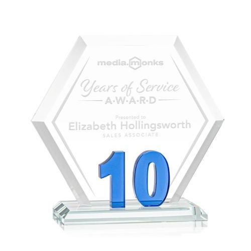 Corporate Awards - Glass Awards - Colored Glass Awards - Riviera Anniversary Blue No 10 Number Crystal Award