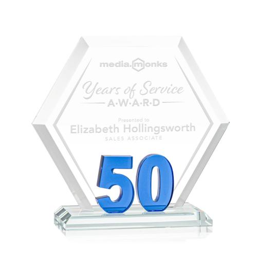 Corporate Awards - Glass Awards - Colored Glass Awards - Riviera Anniversary Blue No 50 Number Crystal Award