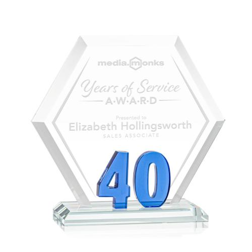 Corporate Awards - Glass Awards - Colored Glass Awards - Riviera Anniversary Blue No 40 Number Crystal Award