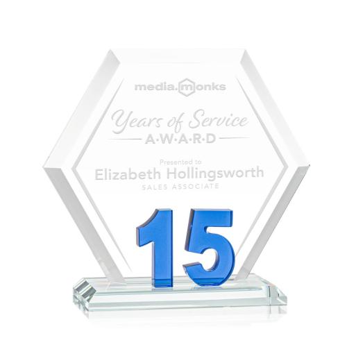 Corporate Awards - Glass Awards - Colored Glass Awards - Riviera Anniversary Blue No 15 Number Crystal Award