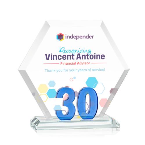 Corporate Awards - Glass Awards - Colored Glass Awards - Riviera Anniversary Full Color Blue No 30 Number Crystal Award