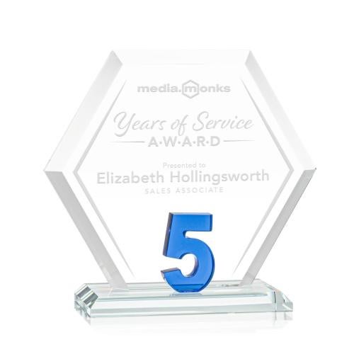 Corporate Awards - Glass Awards - Colored Glass Awards - Riviera Anniversary Blue No 5 Number Crystal Award