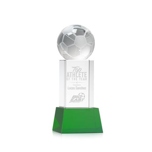 Corporate Awards - Glass Awards - Colored Glass Awards - Soccer Ball Green on Belcroft Base Spheres Crystal Award