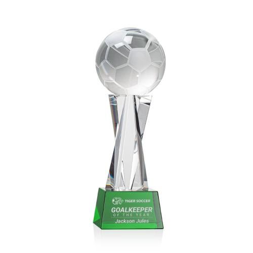 Corporate Awards - Glass Awards - Colored Glass Awards - Soccer Ball Green on Grafton Base Spheres Crystal Award