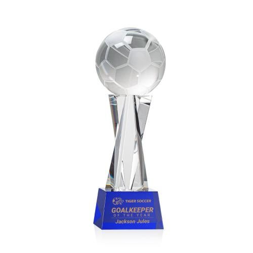 Corporate Awards - Glass Awards - Colored Glass Awards - Soccer Ball Blue on Grafton Base Spheres Crystal Award