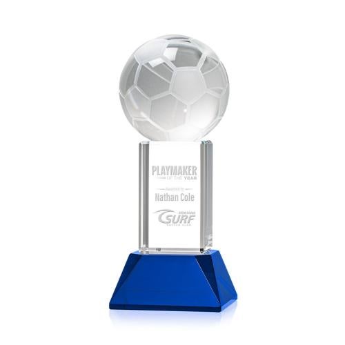 Corporate Awards - Glass Awards - Colored Glass Awards - Soccer Ball Blue on Stowe Base Spheres Crystal Award