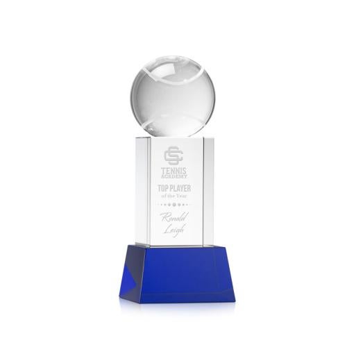 Corporate Awards - Glass Awards - Colored Glass Awards - Tennis Ball Blue on Belcroft Base Spheres Crystal Award