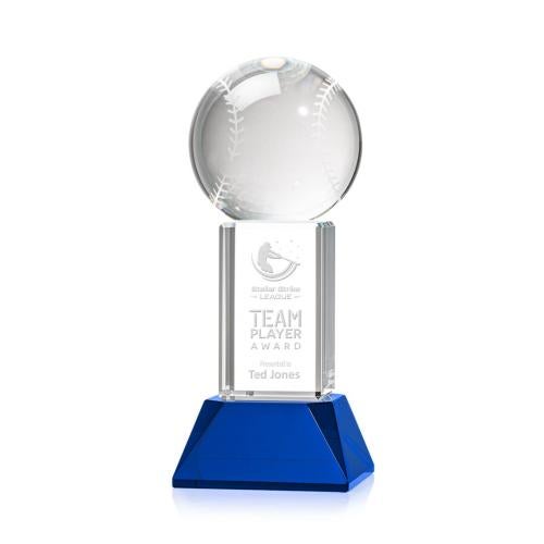 Corporate Awards - Glass Awards - Colored Glass Awards - Baseball Blue on Stowe Base Spheres Crystal Award