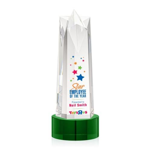 Corporate Awards - Crystal Awards - Crystal Pillar Awards - Ellesmere Full Color Green on Marvel Star Crystal Award