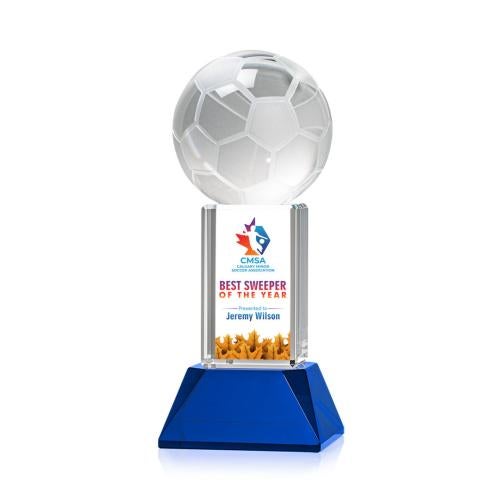 Corporate Awards - Glass Awards - Colored Glass Awards - Soccer Ball Full Color Blue on Stowe Spheres Crystal Award