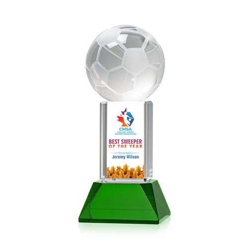 Corporate Awards - Glass Awards - Colored Glass Awards - Soccer Ball Full Color Green on Stowe Spheres Crystal Award