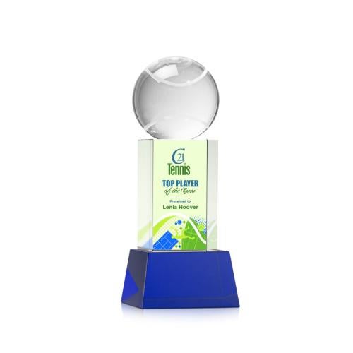 Corporate Awards - Glass Awards - Colored Glass Awards - Tennis Ball Full Color Blue on Belcroft Spheres Crystal Award