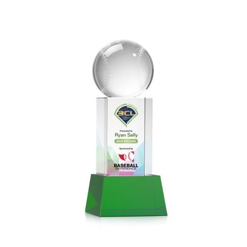 Corporate Awards - Glass Awards - Colored Glass Awards - Baseball Full Color Green on Belcroft Spheres Crystal Award