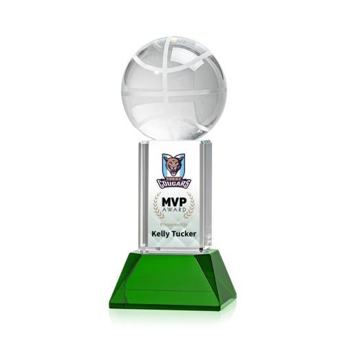 Corporate Awards - Sports Awards - Basketball Awards - Basketball Full Color Green on Stowe Spheres Crystal Award