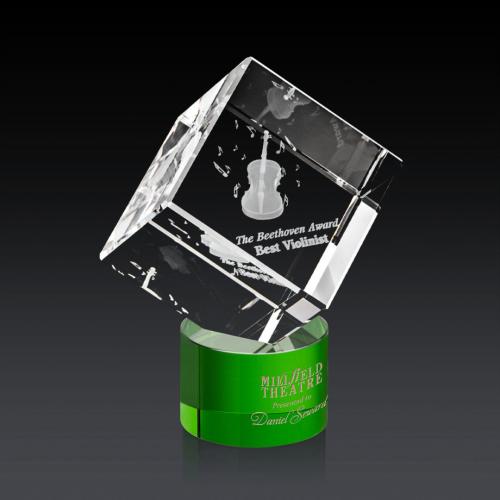 Corporate Awards - Glass Awards - Colored Glass Awards - Burrill 3D Green on Marvel Base Crystal Award