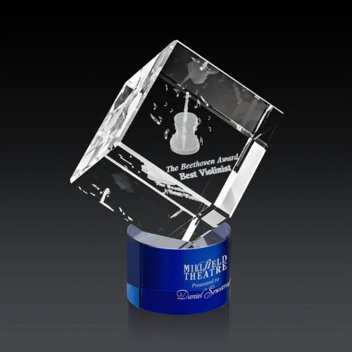 Corporate Awards - Glass Awards - Colored Glass Awards - Burrill 3D Blue on Marvel Base Crystal Award