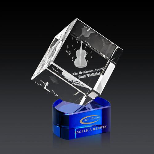 Corporate Awards - Glass Awards - Colored Glass Awards - Burrill 3D Blue on Paragon Base Crystal Award