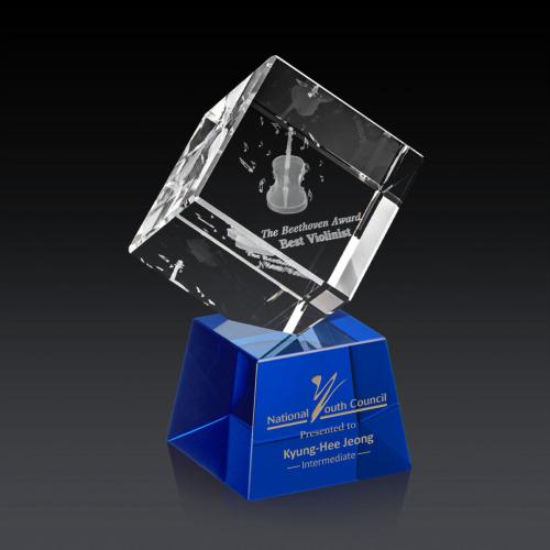 Corporate Awards - Glass Awards - Colored Glass Awards - Burrill 3D Blue on Robson Base Crystal Award