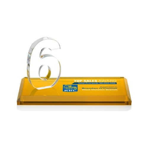 Corporate Awards - Glass Awards - Colored Glass Awards - Northam Milestone Full Color Amber Number Crystal Award