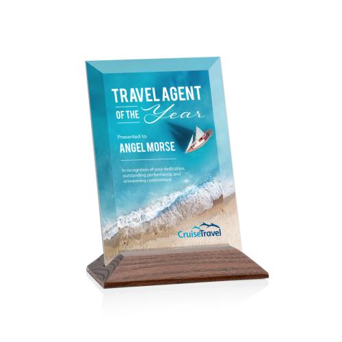 Corporate Awards - Eco Friendly Awards - Wood Awards - Embassy Full Color Starfire/Walnut (Vert) Rectangle Crystal Award