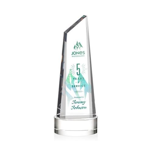 Corporate Awards - Crystal Awards - Crystal Pillar Awards - Akron Full Color Clear on Base Obelisk Crystal Award