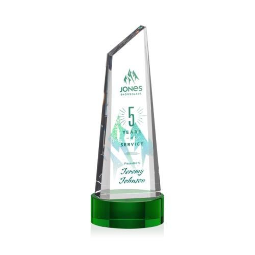 Corporate Awards - Crystal Awards - Crystal Pillar Awards - Akron Full Color Green on Base Obelisk Crystal Award