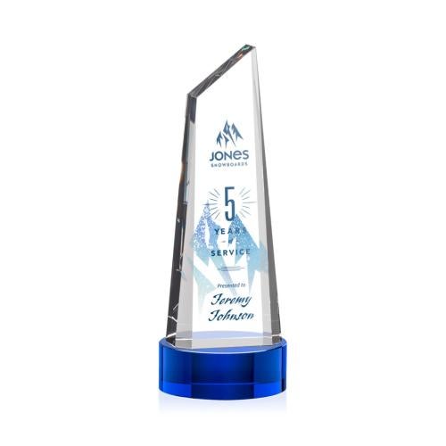 Corporate Awards - Crystal Awards - Crystal Pillar Awards - Akron Full Color Blue on Base Obelisk Crystal Award