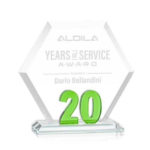 Corporate Awards - Glass Awards - Colored Glass Awards - Riviera Anniversary Green  No 20 Number Crystal Award