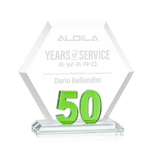 Corporate Awards - Glass Awards - Colored Glass Awards - Riviera Anniversary Green  No 50 Number Crystal Award