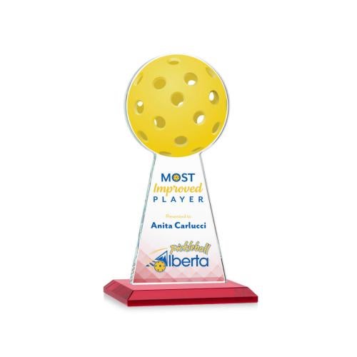 Corporate Awards - Crystal Awards - Colored Crystal - Red Crystal Awards - Edenwood Pickleball Full Color Red Obelisk Crystal Award