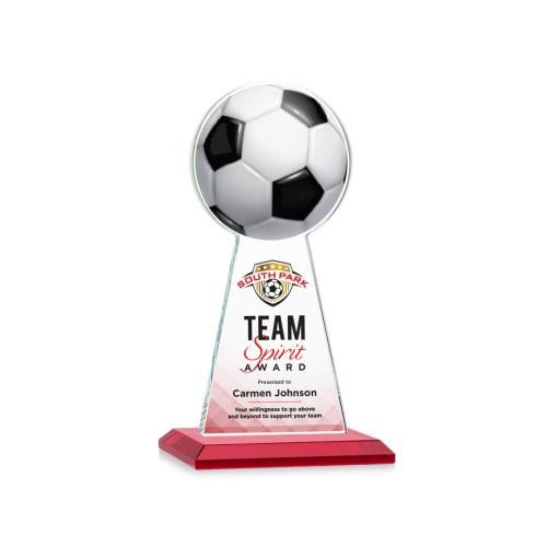 Corporate Awards - Crystal Awards - Colored Crystal - Red Crystal Awards - Edenwood Soccer Full Color Red Obelisk Crystal Award