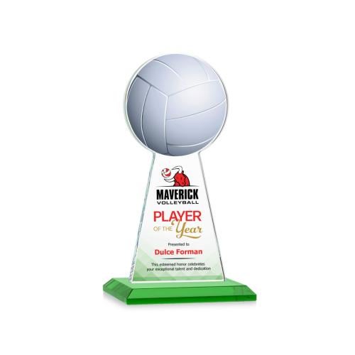 Corporate Awards - Crystal Awards - Crystal Pillar Awards - Edenwood Volleyball Full Color Green Obelisk Crystal Award