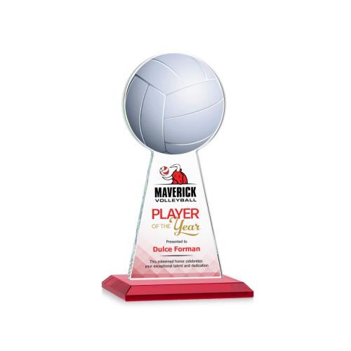 Corporate Awards - Crystal Awards - Colored Crystal - Red Crystal Awards - Edenwood Volleyball Full Color Red Obelisk Crystal Award
