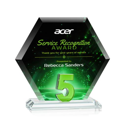 Corporate Awards - Glass Awards - Colored Glass Awards - Riviera Anniversary Full Color Green  No 5 Number Crystal Award