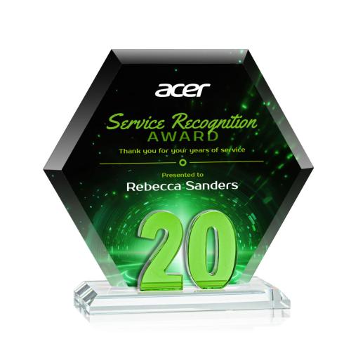 Corporate Awards - Glass Awards - Colored Glass Awards - Riviera Anniversary Full Color Green No 20 Number Crystal Award