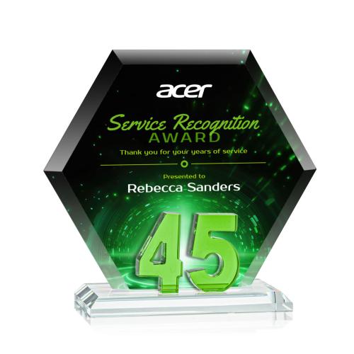 Corporate Awards - Glass Awards - Colored Glass Awards - Riviera Anniversary Full Color Green No 45 Number Crystal Award