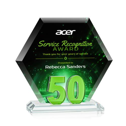 Corporate Awards - Glass Awards - Colored Glass Awards - Riviera Anniversary Full Color Green No 50 Number Crystal Award