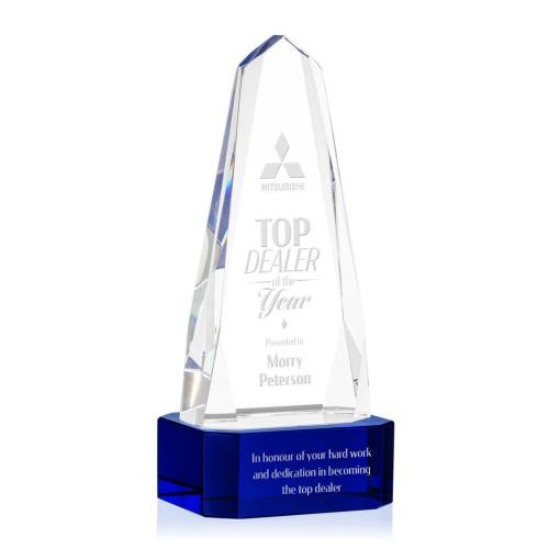 Corporate Awards - Crystal Awards - Crystal Pillar Awards - Geneva Blue on Base Obelisk Crystal Award