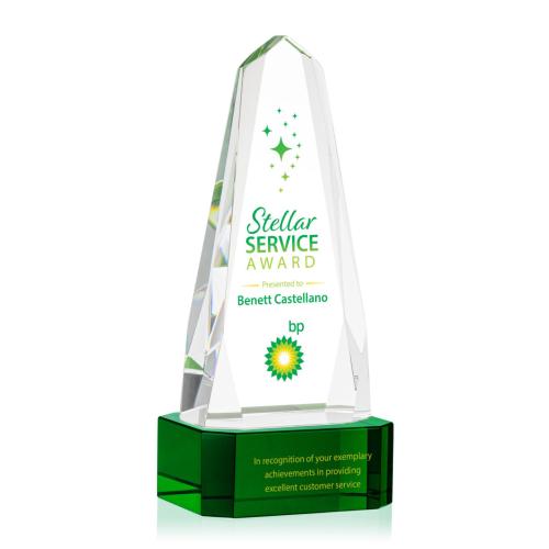 Corporate Awards - Crystal Awards - Crystal Pillar Awards - Geneva Full Color Green on Base Obelisk Crystal Award