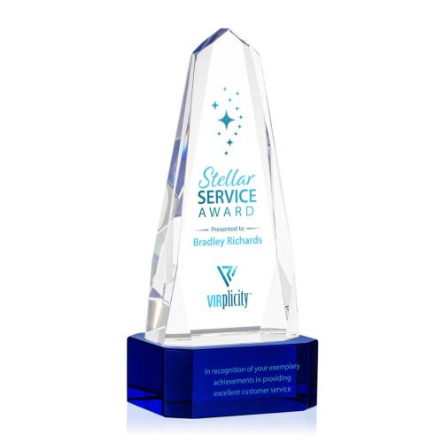 Corporate Awards - Crystal Awards - Crystal Pillar Awards - Geneva Full Color Blue on Base Obelisk Crystal Award