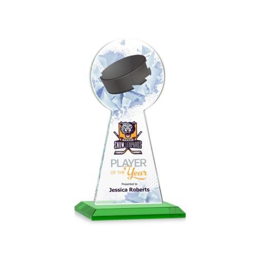 Corporate Awards - Crystal Awards - Crystal Pillar Awards - Edenwood Hockey Full Color Green Obelisk Crystal Award