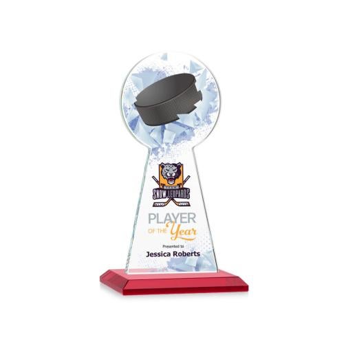 Corporate Awards - Crystal Awards - Colored Crystal - Red Crystal Awards - Edenwood Hockey Full Color Red Obelisk Crystal Award